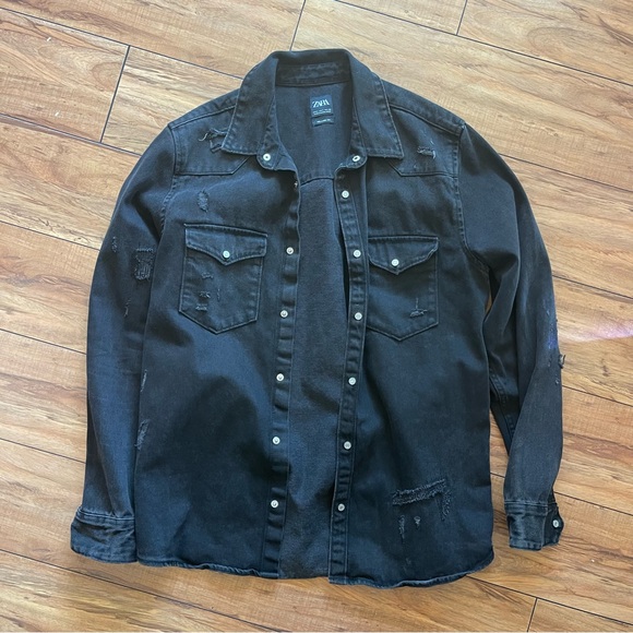Zara Other - Zara Men’s Distress Ripped Black Denim Jacket Size Large